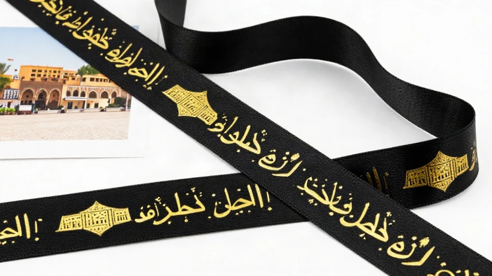 أشرطة ساتان مطبوعة بالذهبي جدة