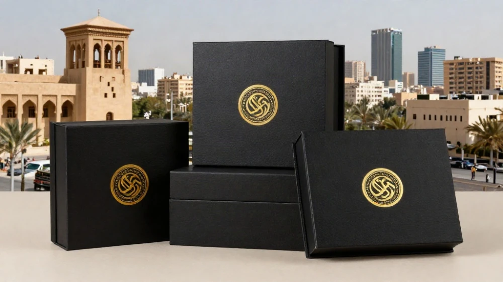 علب هدايا شركات مخصصة بشعار مذهب